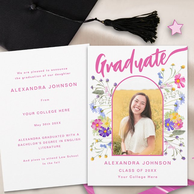 Faire-part Boho Floral Gradué Photo Arch Pink Script (Wildflower graduate photo arch modern hot pink script graduation announcement card)