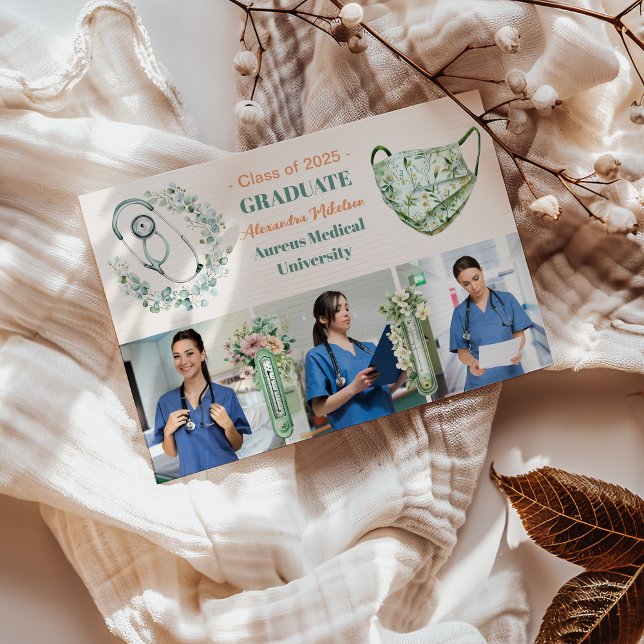 Faire-part Boho Green 3 Photo Aquarelle École de soins infirm (Créateur téléchargé)