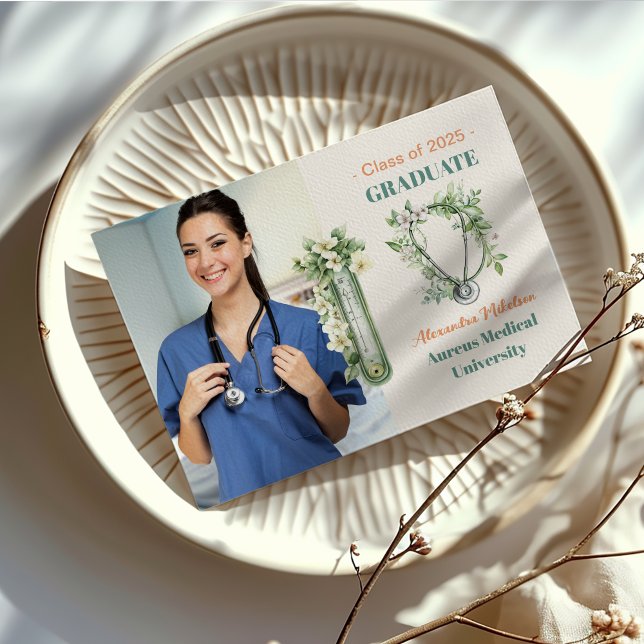 Faire-part Boho Green Photo Aquarelle École de soins infirmie (Créateur téléchargé)