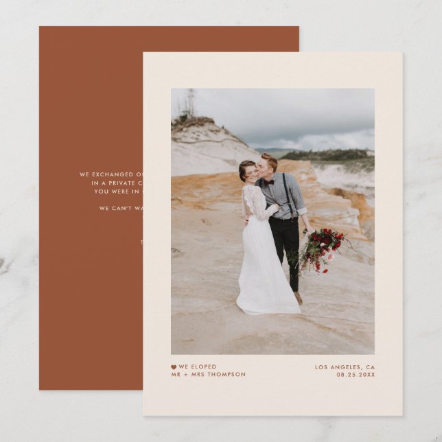 Faire-part Boho minimaliste typographie Elopement en terre cu (Devant / Derrière)