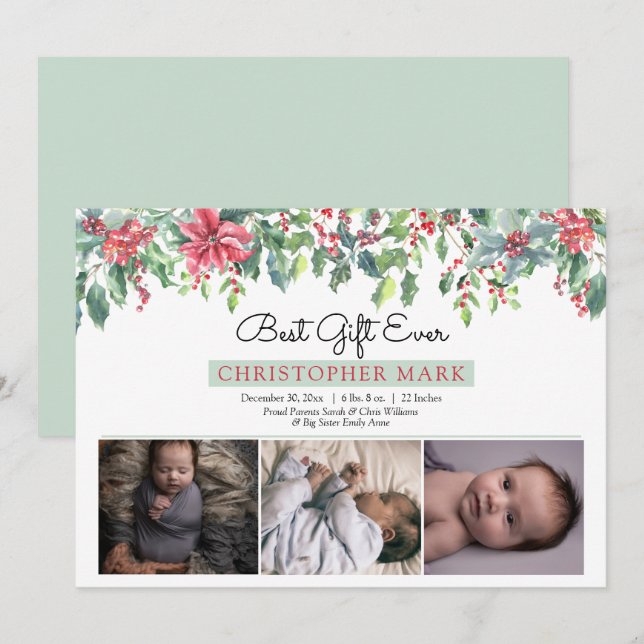 Faire-part Boho Noël verdure Meilleur cadeau à jamais naissan (Devant / Derrière)