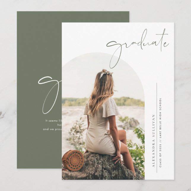 Faire-part Boho Taupe Green Minimalist Arch Photo Graduation (Devant / Derrière)