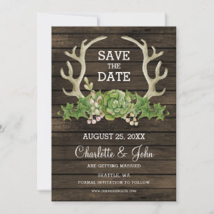 Faire-part Bois de grange rustique Antlers succulents Enregis