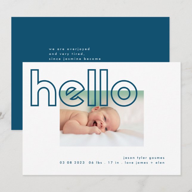 Faire-part bonjour bleu marine blanc moderne simple minimalis (Devant / Derrière)