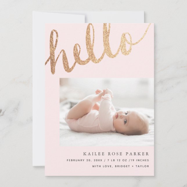 Faire-part Bonjour Gold et rose Script photo naissance (Devant)