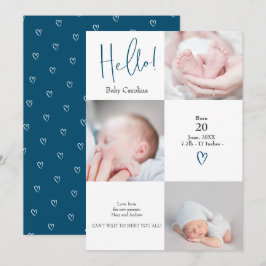 Faire-part Bonjour moderne bleu blanc 3 photos naissance bébé