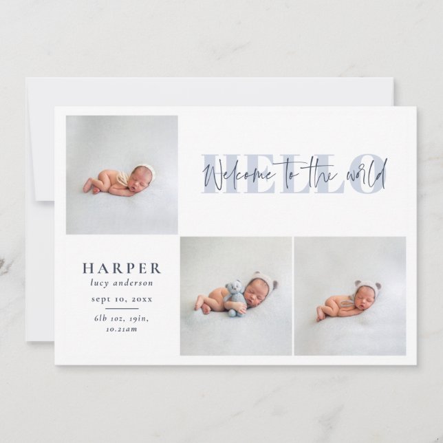 Faire-part Bonjour monde multiphoto moderne script géométriqu (Devant)