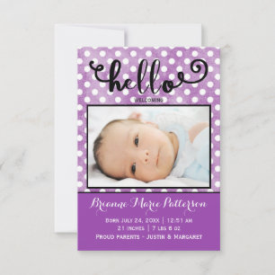 Faire-part bonjour photo violet - Annonce de naissance 3x5