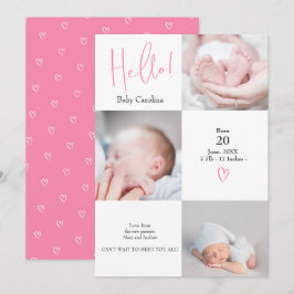 Faire-part Bonjour rose rose blanc 3 photos naissance bébé