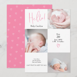 Faire-part Bonjour rose rose blanc 3 photos naissance bébé