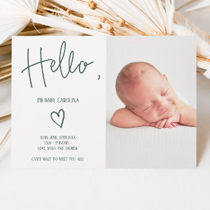 Faire-part Bonjour script coeur foncé photo vert bébé naissan