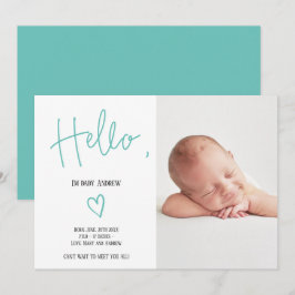 Faire-part Bonjour script coeur turquoise photo bébé garçon n