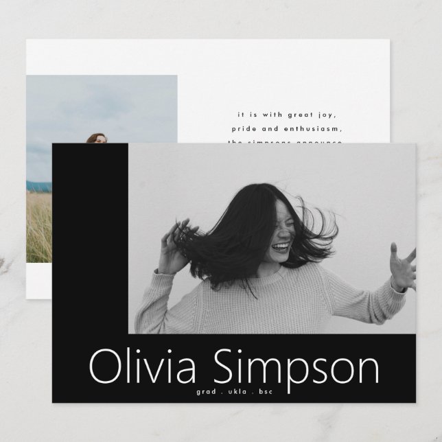 Faire-part Borders Moderne Simple Photo Blanc Blanc Onyx Grad (Devant / Derrière)