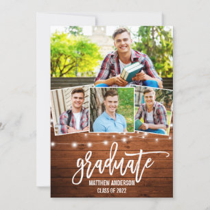 Faire-part Brush Script Wood Lights 4 Photo Graduation