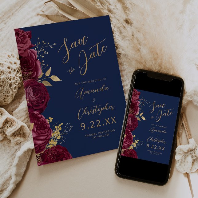 Faire-part Burgundy Gold Floral Script Navy Save the Date (Créateur téléchargé)