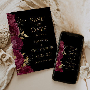 Faire-part Burgundy Or Noir Floral Save the Date