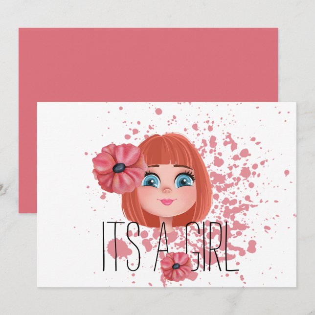 Faire-part C’est une fille, une fleur rose, une petite fille, (Devant / Derrière)