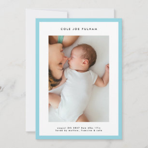 Faire-part cadre bleu simple moderne garçon photo bébé naissa