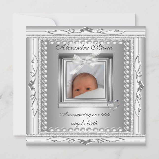 Faire-part Cadre photo argent Annonce de naissance avec noeud (Devant)