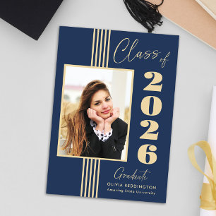 Faire-part Cadre Photo Élégant Navy Or 2026 Diplôme