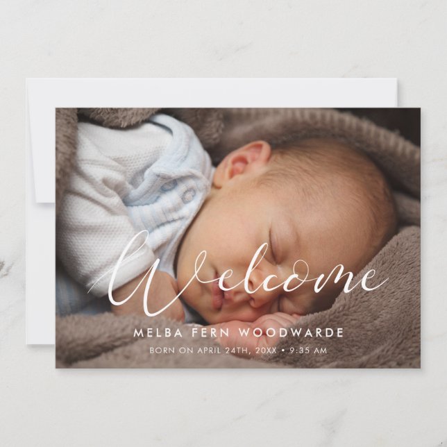 Faire-part Calligraphie élégante Bienvenue photo bébé (Devant)