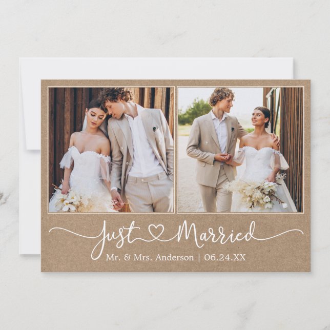 Faire-part Calligraphie moderne Coeur 2 Photo Mariage Kraft (Devant)