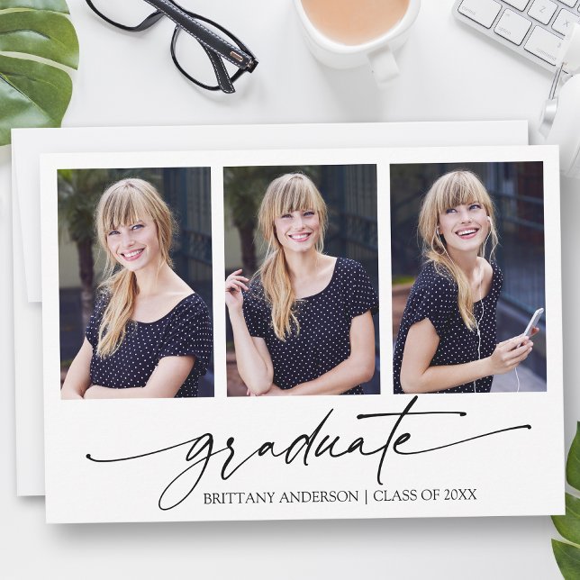 Faire-part Calligraphie moderne Encre Script 3 Diplôme photo (Customize to add text or more photos to back of card.)