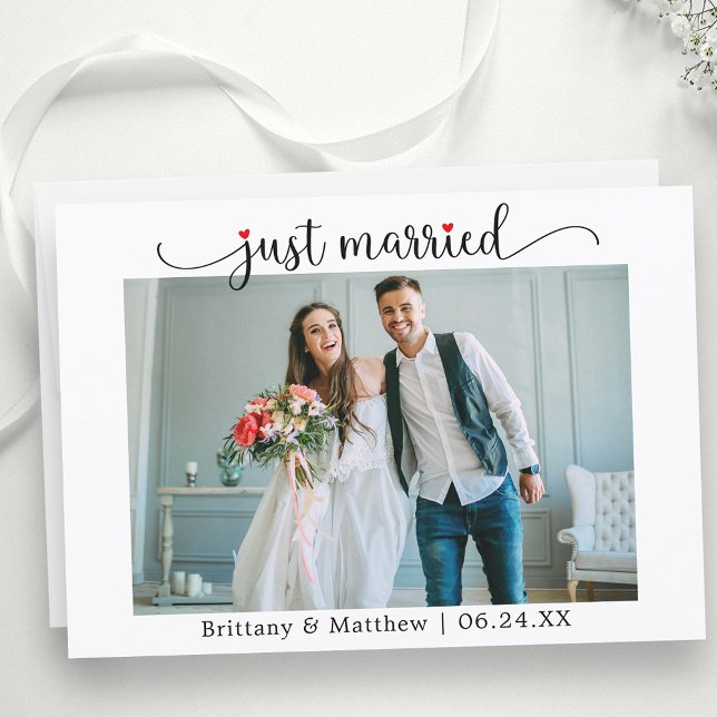 Faire-part Calligraphie Red Heart Just Married Photo Mariage (Customize to change your personalized text size, text style or to add text to back of card.)