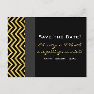 Faire-part Carte postale Chevron moderne noir et or Save Date