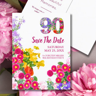 Faire-part carte postale d'anniversaire 90 ans florale modern