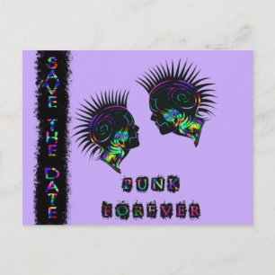 Faire-part carte postale d'annonce de mariage punk rock mohaw
