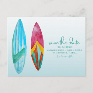 Faire-part Carte postale de mariage à la plage pour surfeurs 