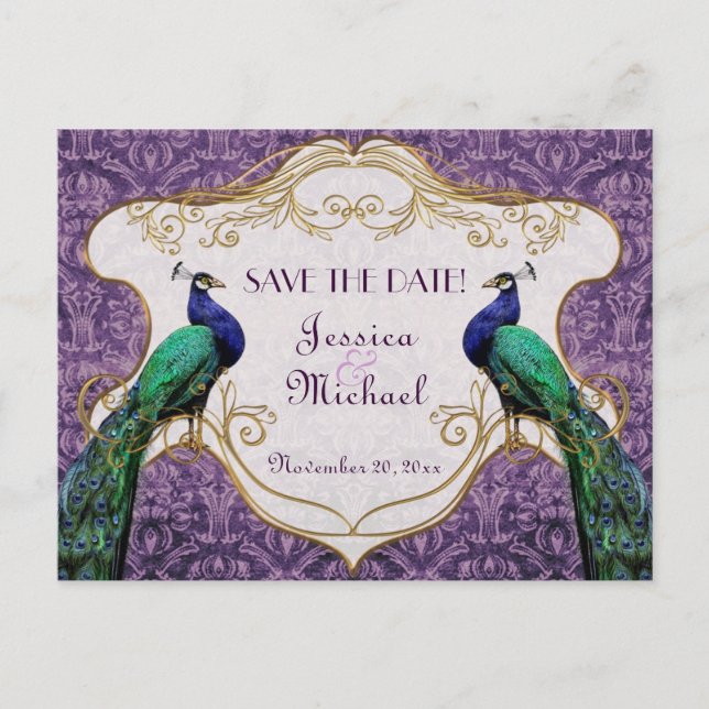 Faire-part Carte postale de préavis de mariage Royal Peacock  (Devant)