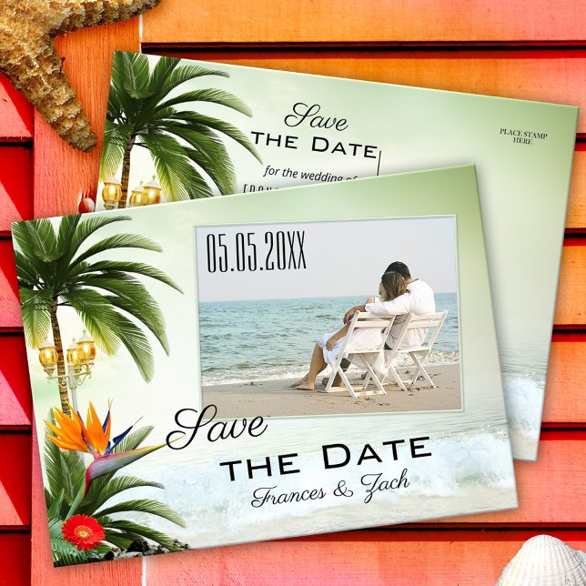 Faire-part Carte postale de sauvegarde de date de photo de pl (Save the Date postcard with your photo on a tropical turquoise beach with palm trees and flowers)