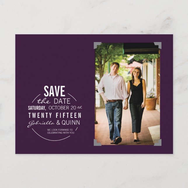 Faire-part Carte postale de sauvegarde violette avec texte et (Devant)