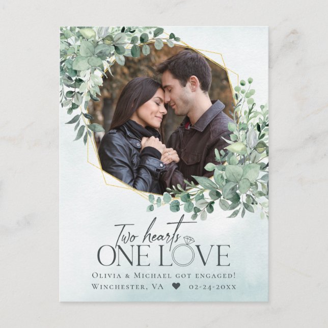 Faire-part Carte postale Fiançailles Photo One Love Eucalyptu (Devant)
