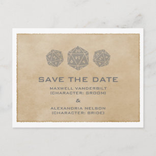 Faire-part Carte postale grunge grise D20 pour Gamer Save the