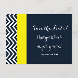 Faire-part Carte postale moderne chevron bleu marine jaune en