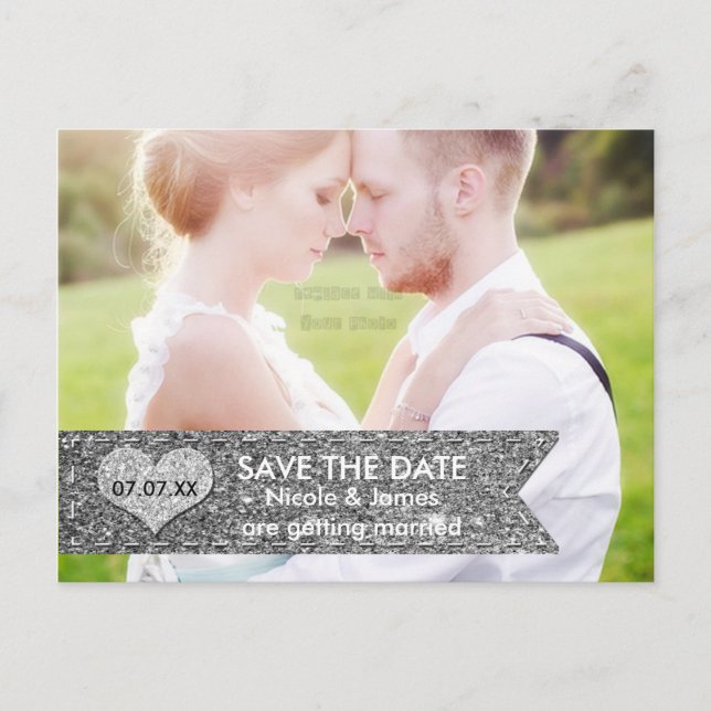 Faire-part Carte postale PHOTO Bannière Pailletée Argent ÉCRI (Devant)