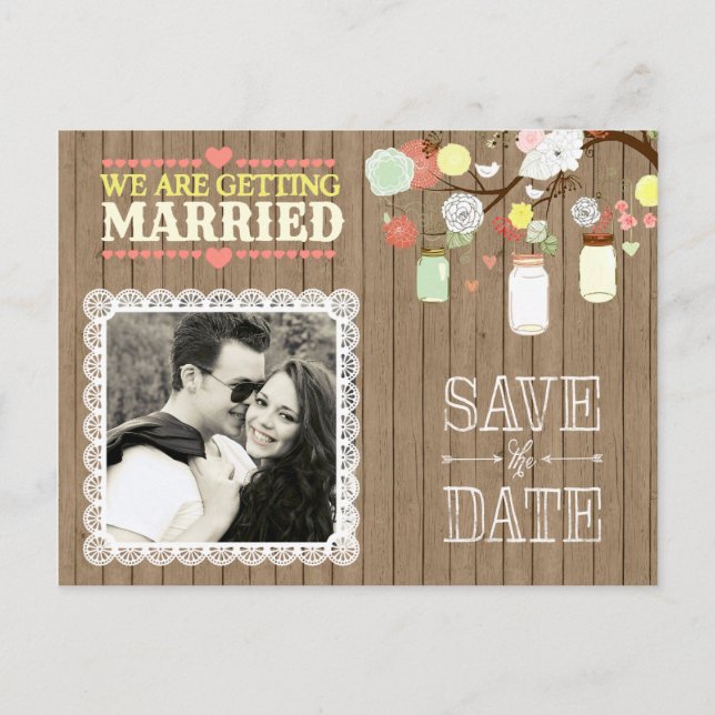 Faire-part Carte postale photo en bois avec un pot Mason rust (Devant)