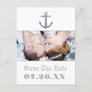 Faire-part Carte postale photo pailletée argent avec ancre na