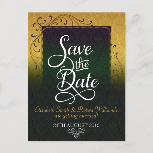 Faire-part Carte postale "Save the Date" Golde Green Damask E (Devant)