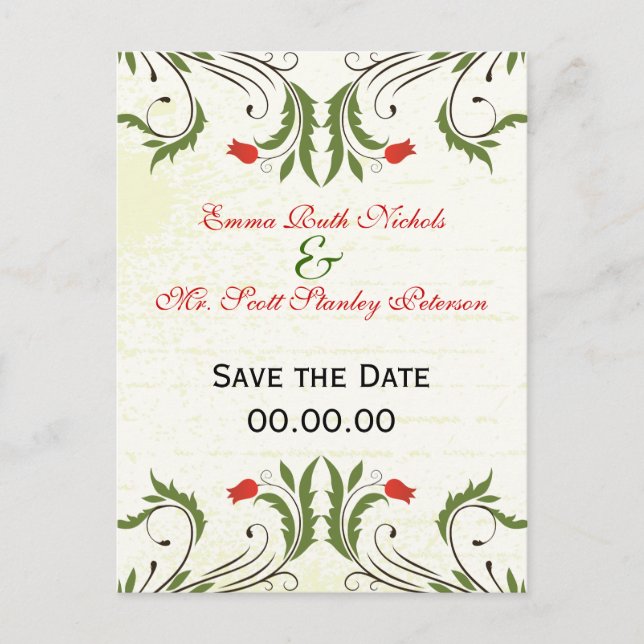 Faire-part Carte postale vintage Fleurs Rouges Save The Date (Devant)