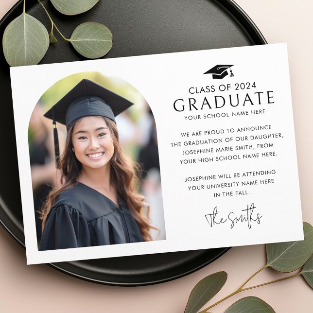Faire-part Casquette élégante arc blanc photo (Graduation cap elegant arch white photo announcement)