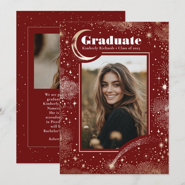 Faire-part Celestial moderne Red Graduate photo Graduate (Devant / Derrière)