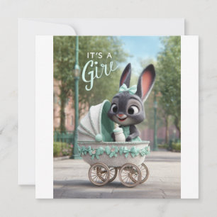 Faire-part C'est une fille bébé : Lapin mignon dans un landau
