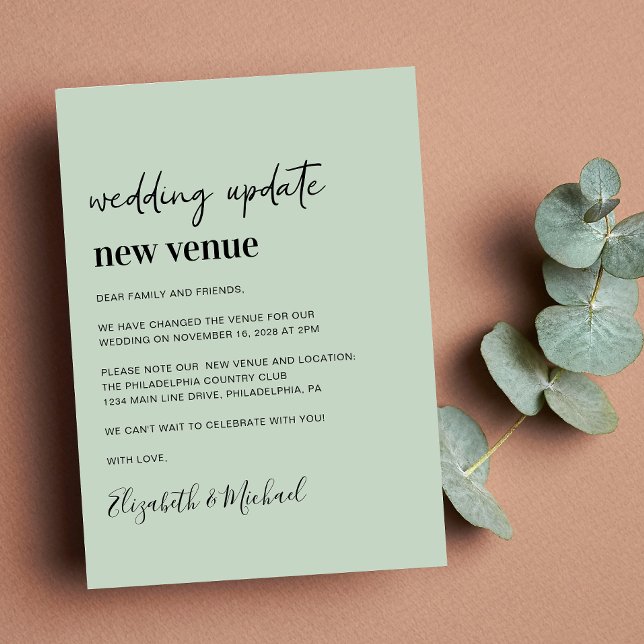 Faire-part Change of Plans New Venue Sage Wedding Update (A chic change of venue announcement. Our user-friendly template allows you to easily customize)