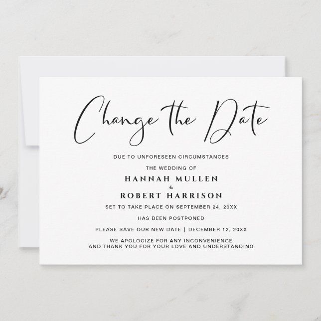 Faire-part Changement de date de mariage report noir et blanc (Devant)
