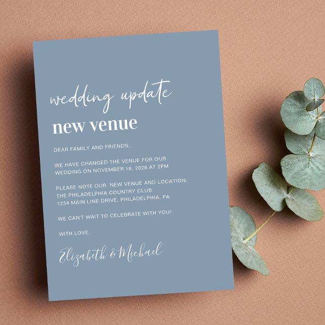 Faire-part Changement de plan Nouveau lieu Dusty Blue Mariage (A chic change of venue announcement. Our user-friendly template allows you to easily customize)