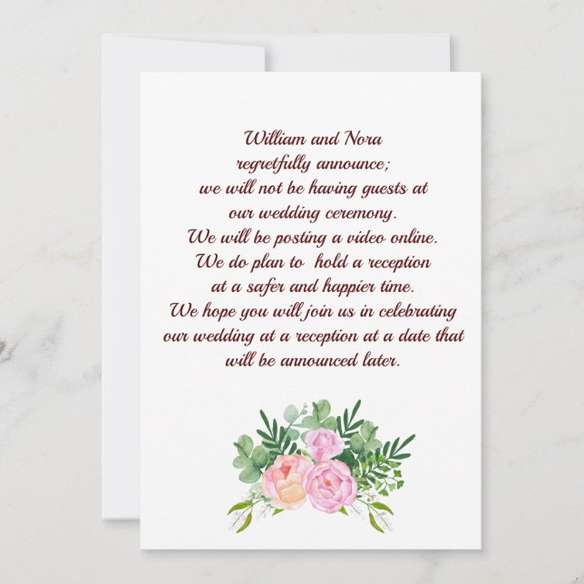 Faire-part Changement de plans de mariage, avec pivoine rose  (Devant)